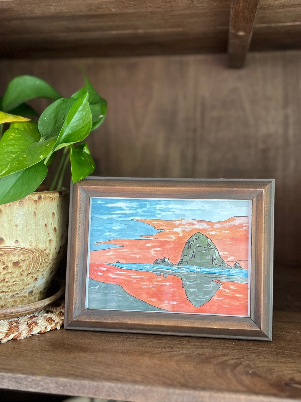 Fiery sunset landscape — ink & watercolor. Original drawing Walnut wood frame.